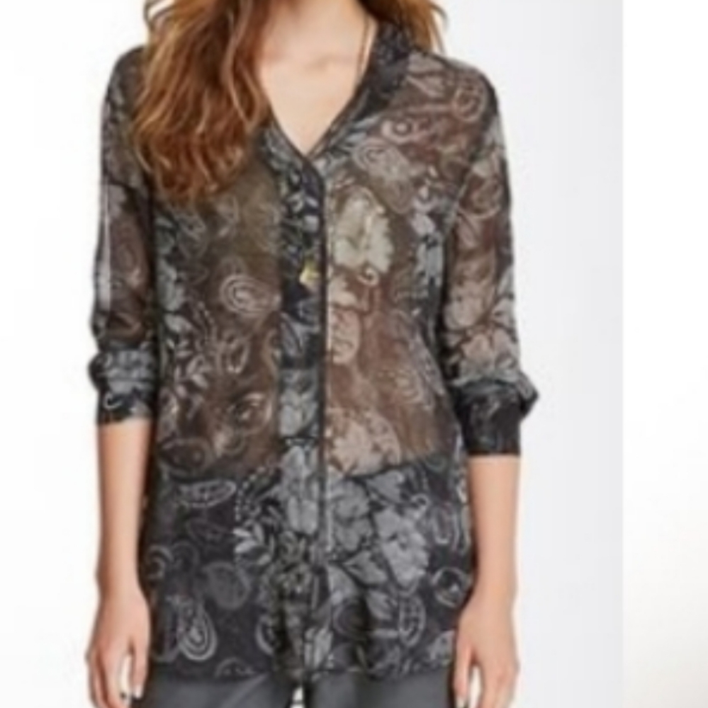 Da-Nang Silk Button Down Floral Sheer Long Sleeve Blouse X-Small